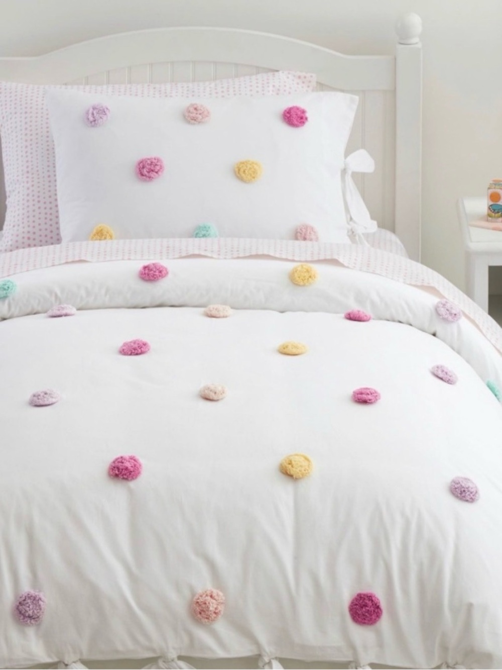 Pottery Barn Kids White comforter Set with Pastel Pom Poms